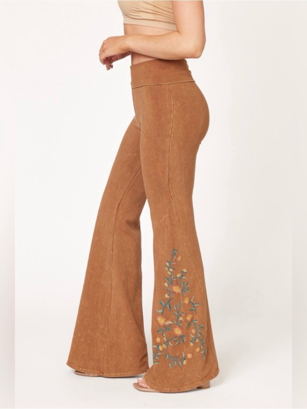 Women’s Brown Flared Pants with Floral Embroidery